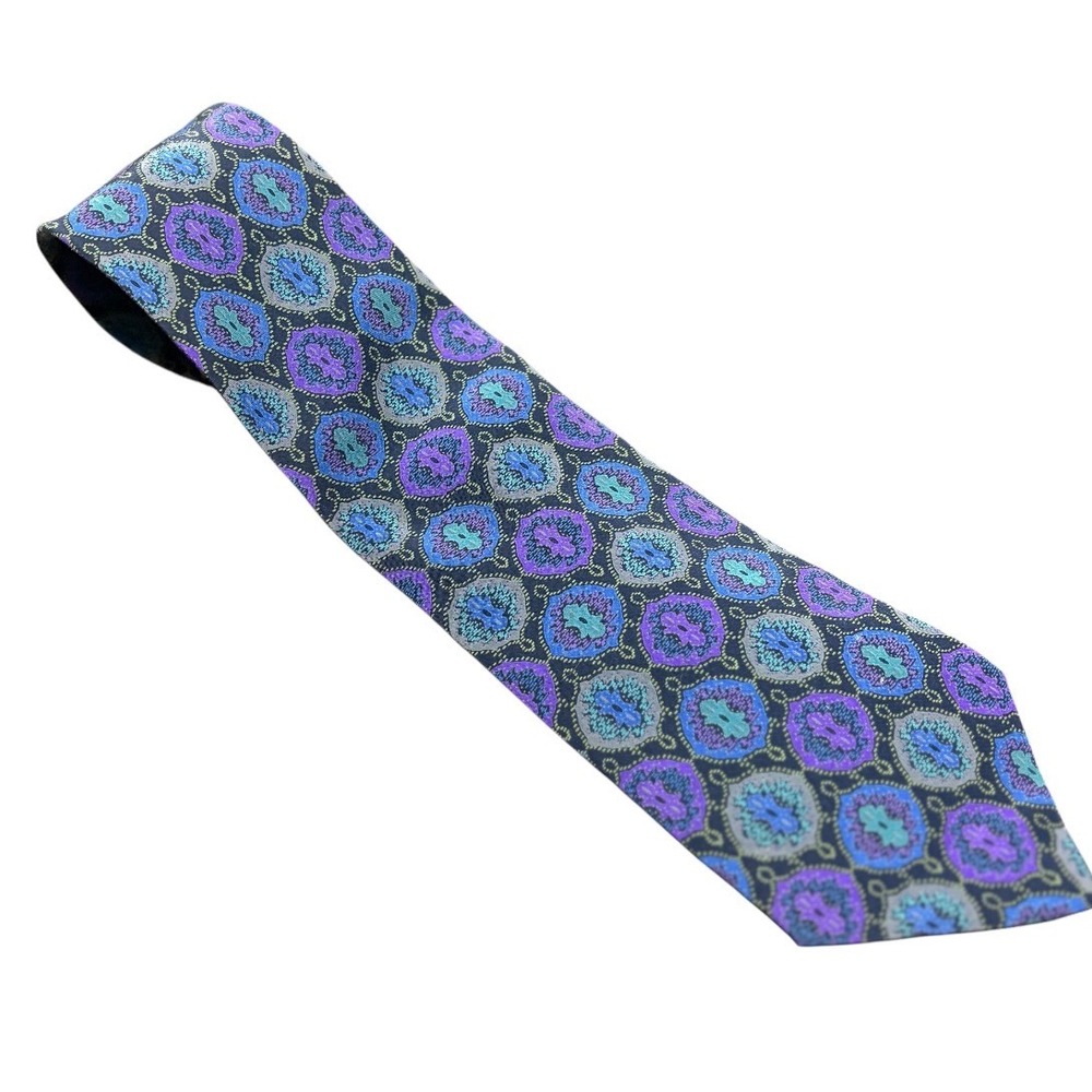 JS Blank & Co Necktie Mens OS Purple Blue Medallion Silk Made In Italy Patterned